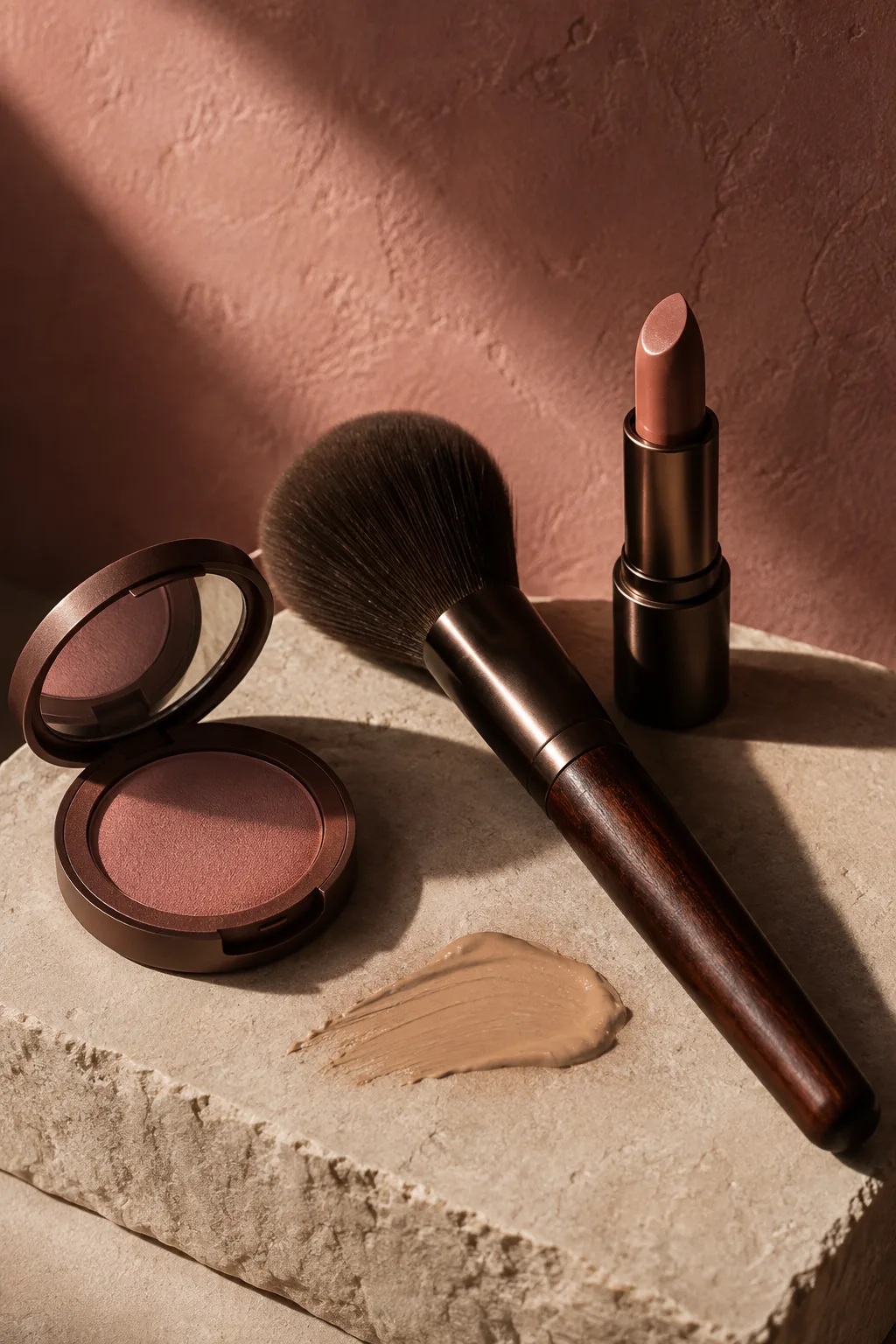 AI-generated art-direction still life of a makeup brush, rose blush and nude lipstick in warm sunlight.